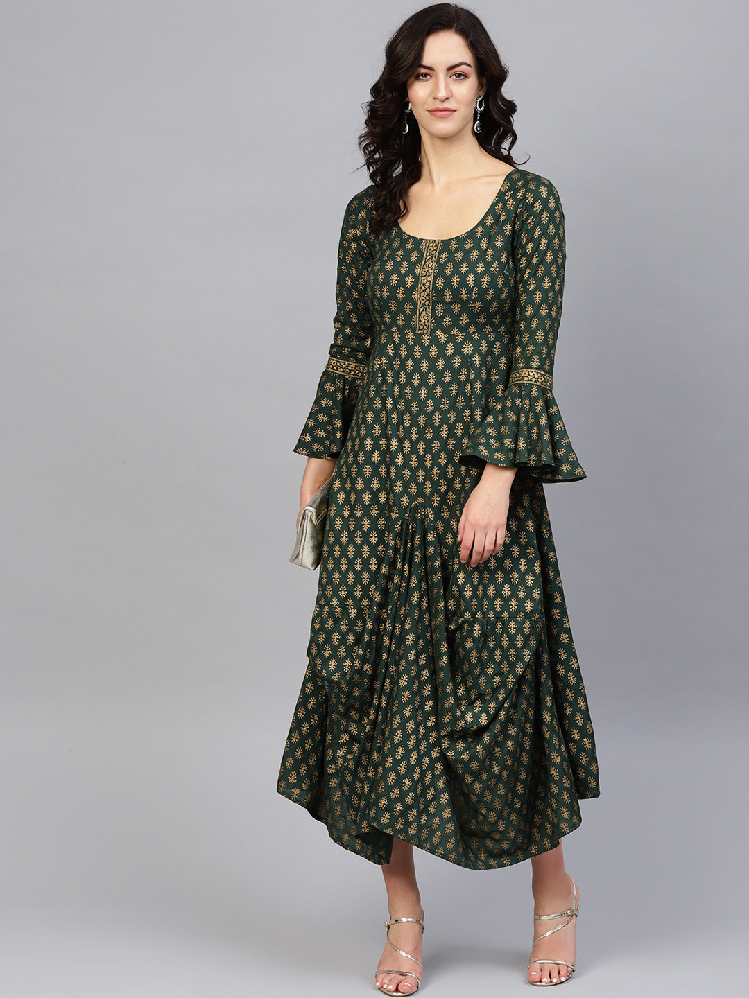 Bell sleeve printed long dress with front drape in Bottle Green