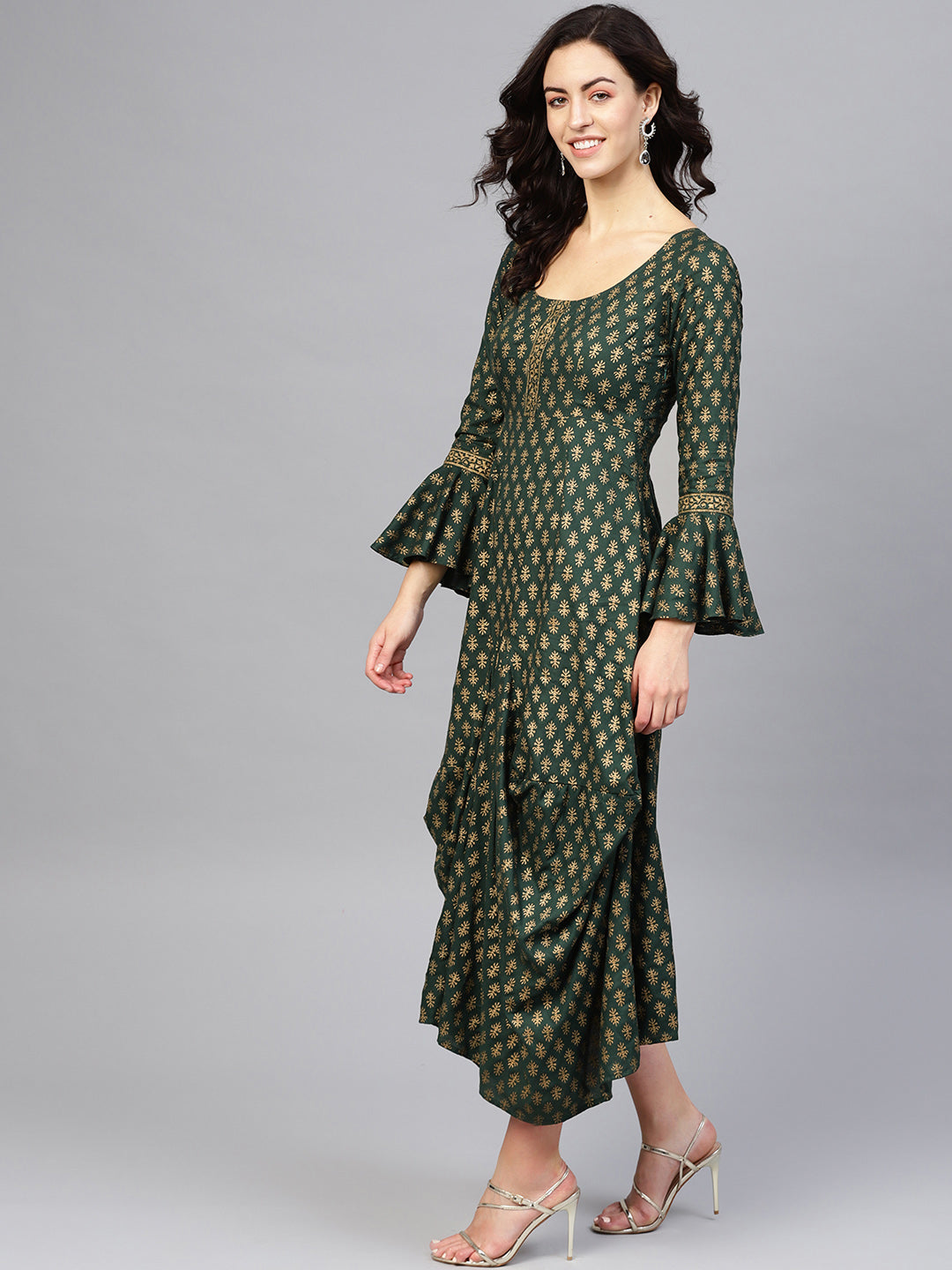 Bell sleeve printed long dress with front drape in Bottle Green