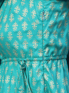 Printed Flare yoke with U hem long dress in Mint Blue