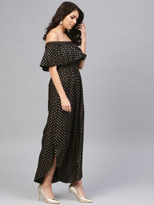 Off shoulder Flare yoke and U hem maxi dress in Black