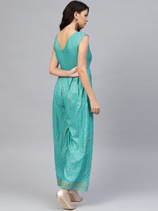 Front loops with flare pleated pants printed jumpsuit in Mint Blue