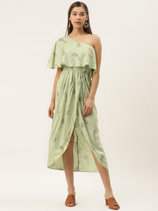 One Shoulder yoke overlap printed dress in pista green