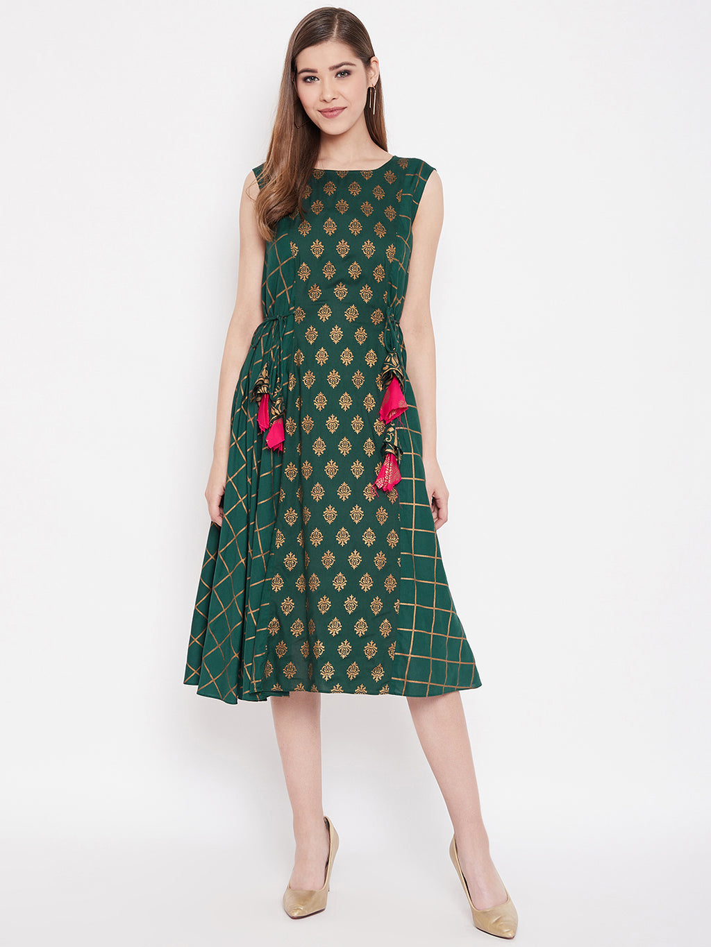 Front yoke side waist tie midi dress in Bottle Green