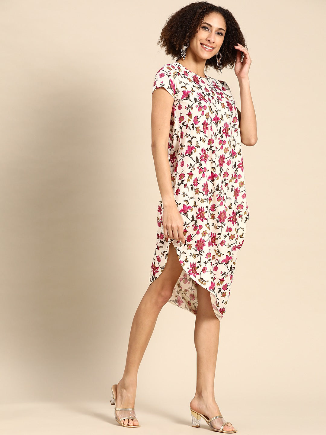 Asymmetric one side cowl Dress in Off White Print