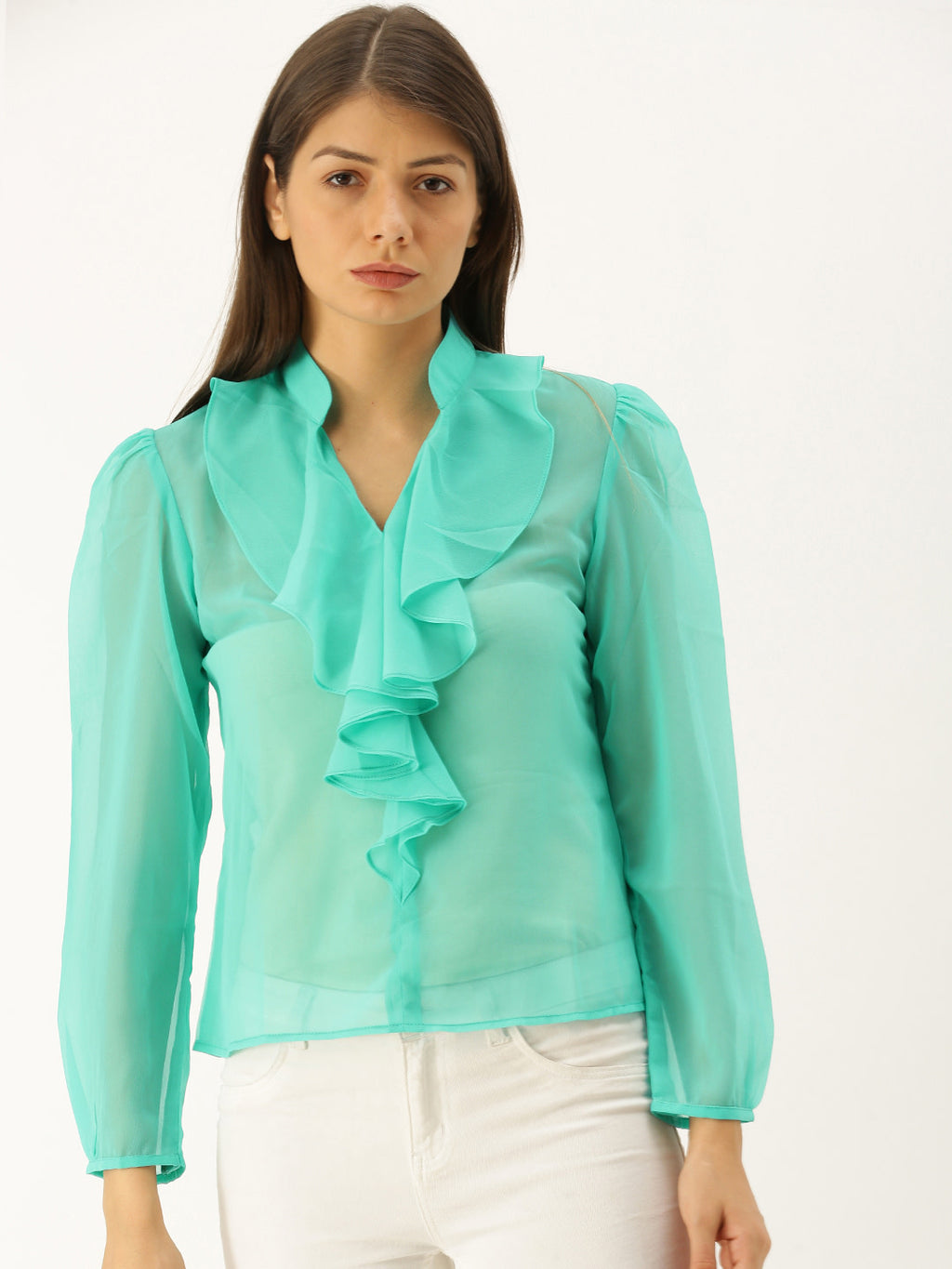 Frill neck Blouse in Mint Blue