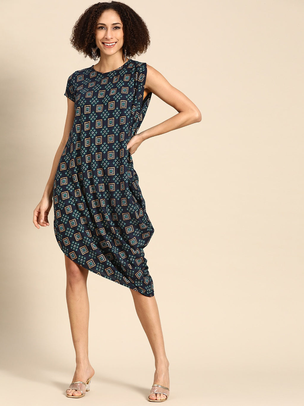 Asymmetric one side cowl Dress in Navy Print